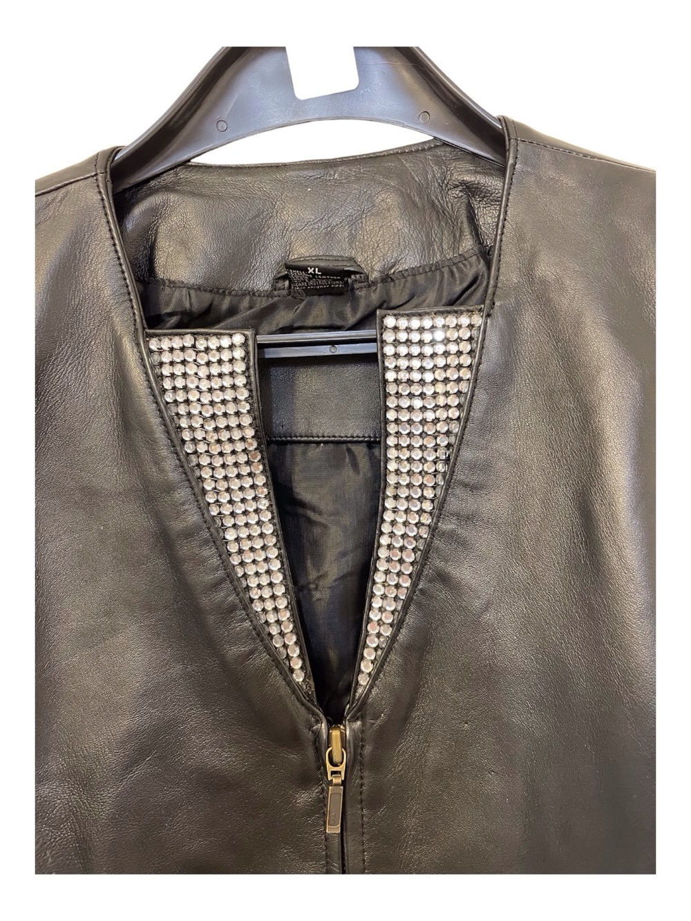 Women's Black Genuine Leather Jacket With Rhinestones,XL - Picture 2 of 12